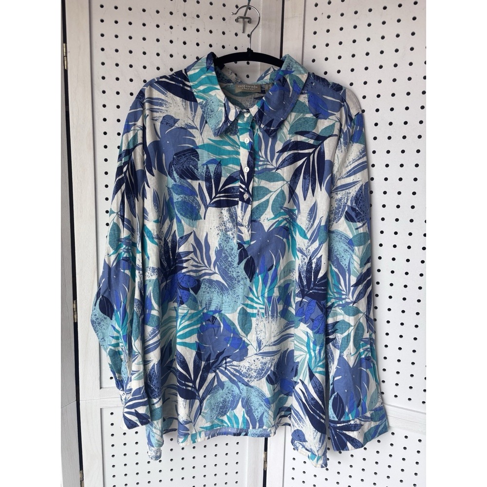 Naturals D&Co. Women's 1X Linen Blend 1/4 Button Popover Floral Long SLV Shirt